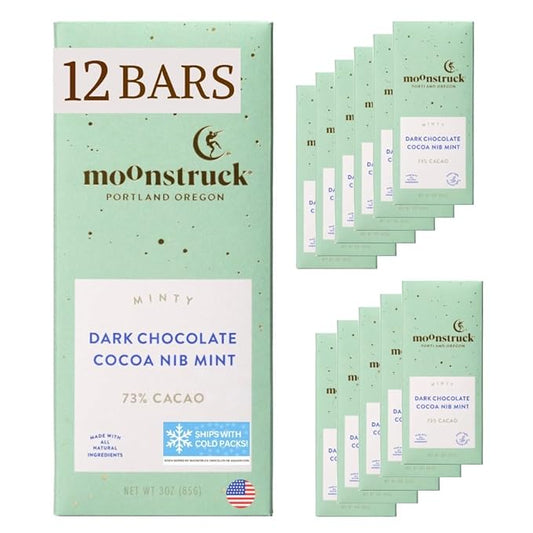 Moonstruck Chocolate Mint Chocolate Bar, 73% Cacao, 3.0oz (Pack of 12)