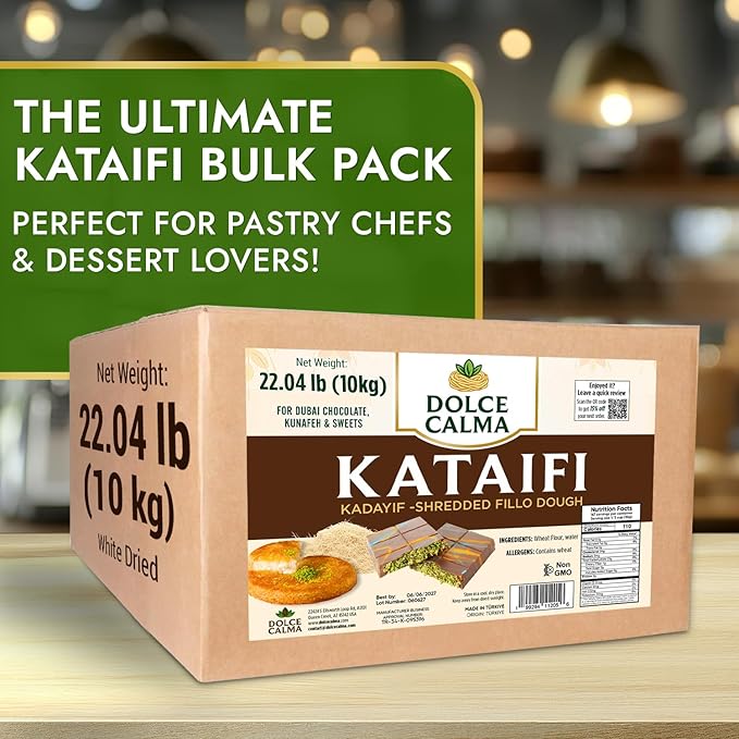 Dolce Calma Bulk Dried Kataifi Dough 22 lb Large Pack | Kadayif for Dubai Chocolate Bar, Kunafa & Baklava Desserts | Shredded Fillo for Bakery & Catering Use