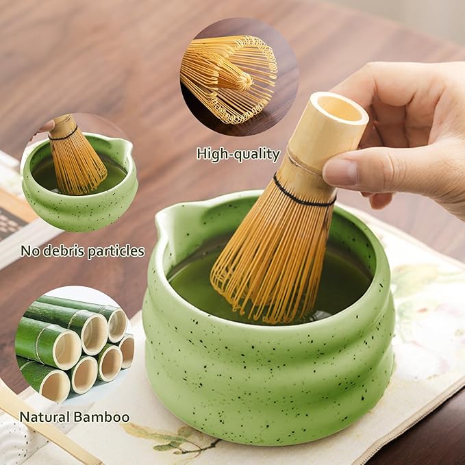 cjc Matcha Whisk Set, 7-Pcs Matcha Set for Gift- 18 oz Ceramic Matcha Bowl with Spout, Bamboo Whisk, Scoop, Holder, Sifter ect.,Japanese Ceremony Kit for Matcha Lover Beginner/Green
