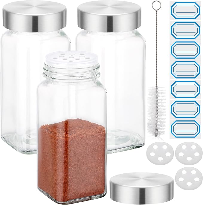 Segarty 4oz Spice Jar with Stainless Steel Shaker Lids, 3 PCS 120ml Square Spices Jars for Salt and Pepper Storage, Empty Glass Small Seasoning Container Set, Spice Shakers with 7 Stickers and 1 Brush