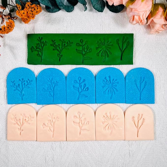 Polymer Clay Molds – 5PCS Botanical Texture Stamps with Flower & Leaf Patterns, Clay Cutters and Tools for Polymer Clay Jewelry and DIY Earring Crafts