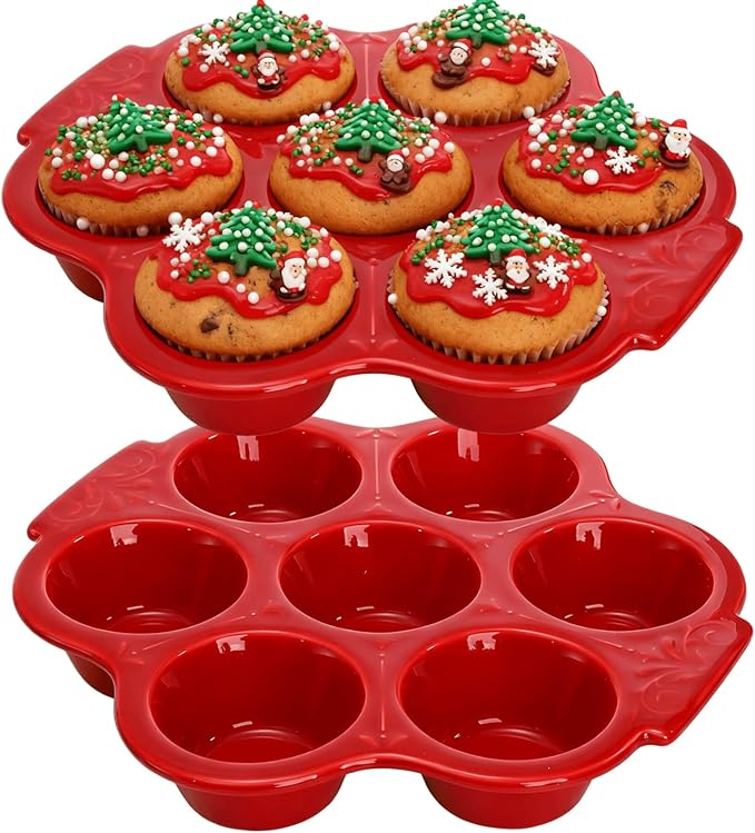 Youeon 2 Pack Red Ceramic Muffin Pans, 7 Cup Nonstick Cupcake Baking Pans with Floral Handles, Oven & Dishwasher Safe Muffin Tins for Muffins, Cupcakes, Mini Cheesecakes, Holiday Baking Gift