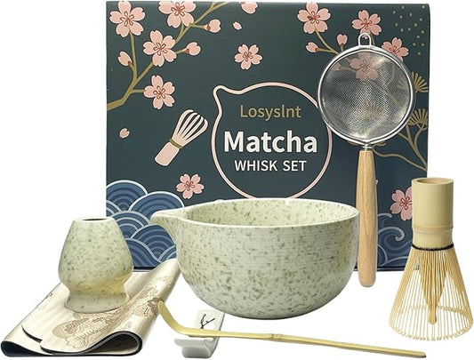 7-Piece Matcha Set - Complete Japanese Tea Ceremony Kit with Ceramic Bowl (Chawan), Bamboo Whisk (Chasen) & Holder, Scoop, Sifter & Cotton Towel - Perfect Matcha Starter Kit
