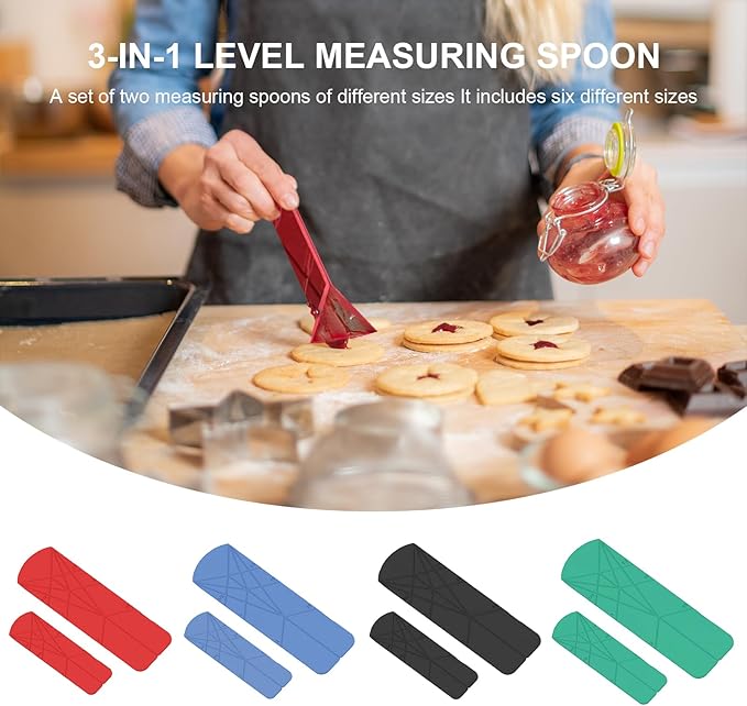 FLAT 3-IN-1 FOLDING MEASURING SPOONS | Magnetic Polygons Measuring Spoon,2 Spoons with 6 Different Sizes｜Space Saving, Nesting Design for Kitchen Storage｜Food Grade Silicone (Maroon)