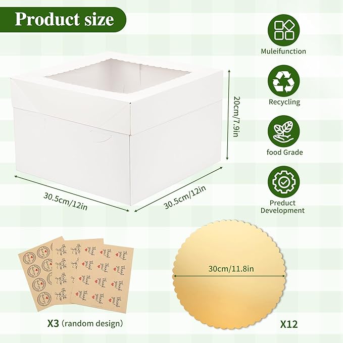 12pcs Cake Boxes, 12x12x8 Inches White Bakery Box with Window, Large Baking Boxes, Round Cardboard Cake Box for Cookies, Pastry, Cookies, Strawberries