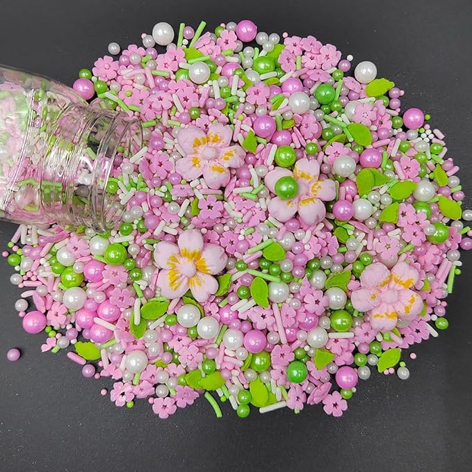 Homankit Edible Flowers for Cake Decorating Pink Flowers Sprinkles White Green Sugar Pearls Baking Cake Cupcake Toppers Cookie Dessert Decorations Birthday Party Supplies with 4 Large Flowers