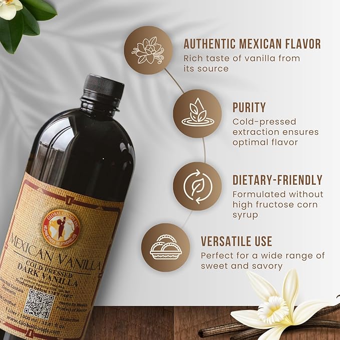 Pure Dark Mexican Vanilla Extract Gluten-Free Vanilla for Baking, Cakes, Cookies, Desserts, Coffee & Beverages (1 Liter / 33.81 fl oz) – Natural, No Coumarin, Bold Flavor