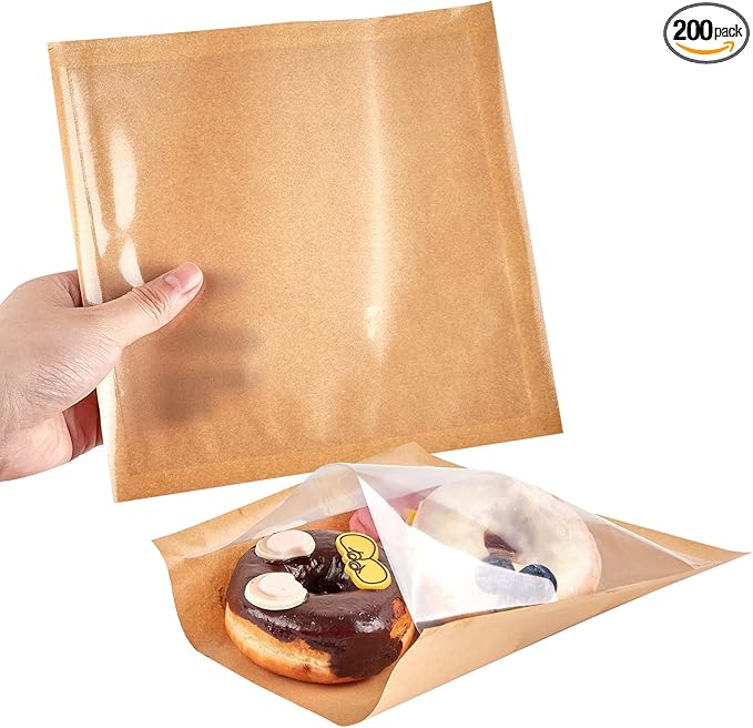 200 Pack Heat Sealable Bakery Bags with Window, Kraft Paper Grease Resistant To Go Cookie Bags for Packaging Donut, Pastries and other Treats (7.1 x 7.5 Inch)