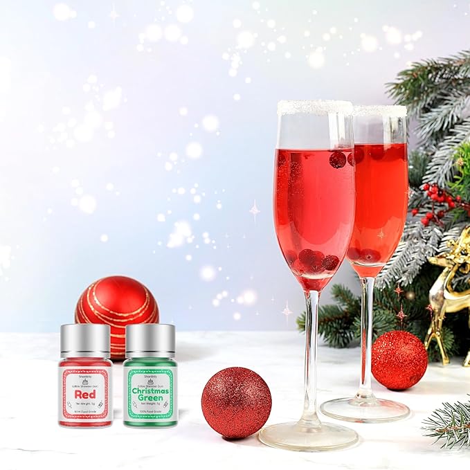 Shanlinly Red Green Edible Luster Dust for Drinks - 2 Colors Christmas Set, Drinks Glitter Dust for Cakes, Cookies,Cocktails, 5g Each Color