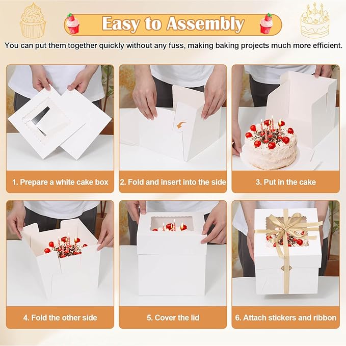 Audab 12 Pack Cake Boxes 8 Inches, Disposable Cake Transport Container with Label Stickers and Ribbon, White Bakery Boxes with Large Window for Gifting(8×8×8 Inches)