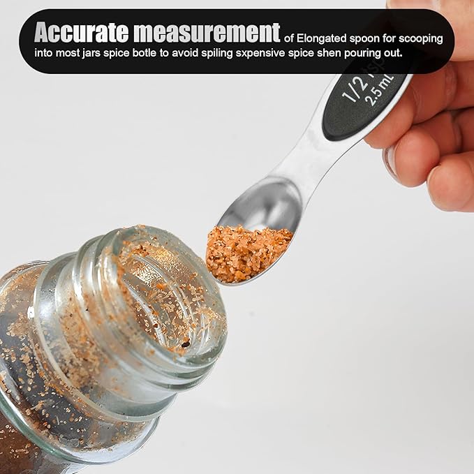 SHIKORI Magnetic Measuring Spoons Set of 8 Stainless Steel Stackable Dual Sided Nesting Teaspoons and Tablespoons for Measuring Dry and Liquid Ingredients-Black