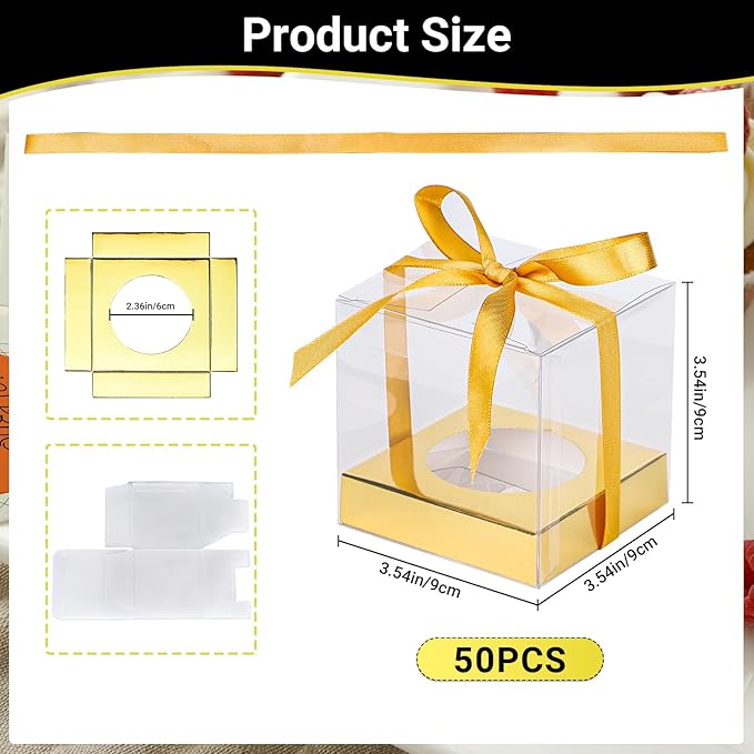 EUSOAR Disposable Clear Cupcake Containers, 50pcs 3.5 Inch Plastic Individual Cupcake Carrier with Ribbon and Inserts, Single Transparent Cupcake Holder with Lids Storage for Cake Dessert-Gold