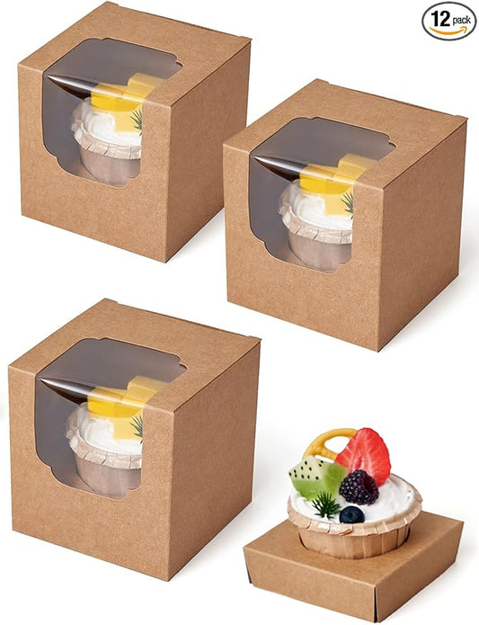 Happyhiram Cupcake Boxes 100 Pcs Bulk Brown Kraft IndividualBox, Single Containers Paper Holders with Inserts and Window for Muffins Cocoa Bombs Packaging Togo Boxes for Birthdays Showers Party Favor