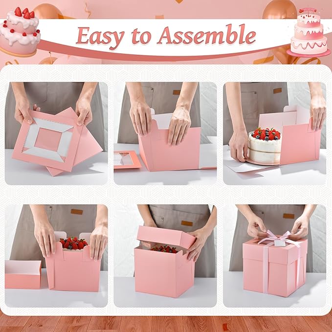 24Pcs 8x8x8 Inch Cake Boxes, 12pcs Pink Bakery Boxes with Window (12pcs Cake Boards), Square Cake Carrier Container Disposable Pie Boxes Package for Bake Decorating Supplies