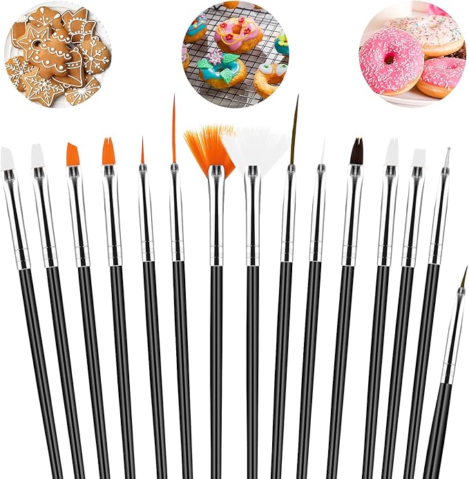 Aster 15Pcs Cake Decorating Brushes, Cake Painting Brushes Kit Food Paint Brushes Cookie Decorating Supplies Candy Icing Pastry Brush DIY Brush Set for Baking(Black)