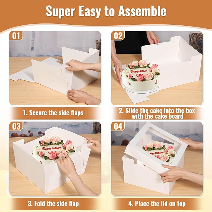 12 Pcs Cake Boxes 12 inch,12x12x8 Inches Cake Box with Window, 5 Pcs Tall 12x12 Cakes Boxes with 5 Pcs Cake Boards, Large Baking Boxes, White Square Cakes Containers for Multi-Layer Cakes