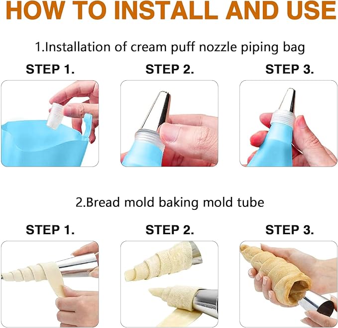 42pcs Cannoli Forms Tubes Kit With Piping Bags Reusable,Non-stick Stainless Steel 20pcs Cone Shaped and 15pcs Tubular Shaped Baking Molds for Danish Pastry Lady Lock Form Cream Roll Croissant