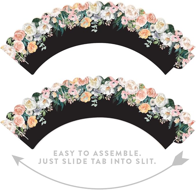 Andaz Press Party Cupcake Wrapper Decorations, Peach Coral Floral Flowers on Black, 24-Pack, For Girls 1st Birthday Baby Bridal Shower Tea Party Themed Decorations