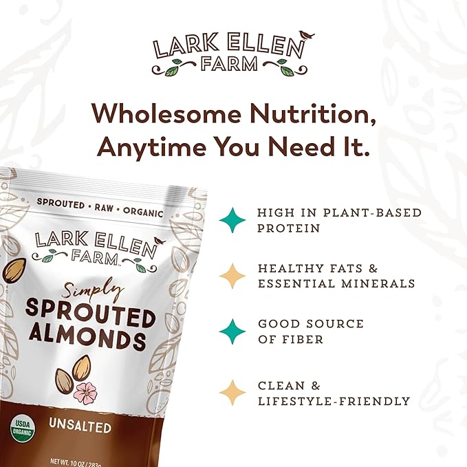 Lark Ellen Farm Organic Sprouted Almonds, Unsalted – USDA Organic, Raw, Vegan, Gluten-Free, Non-GMO, Paleo-Friendly, Plant-Based Protein Snack, Resealable Bag to Retain Freshness, 10 oz (3-Pack)