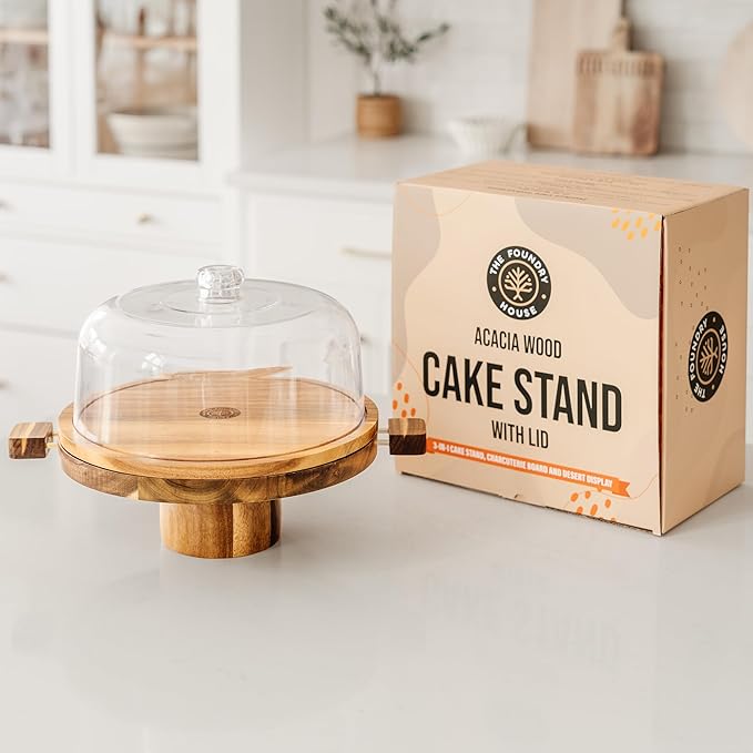 Acacia Wood Cake Stand with Lid – 3-in-1 Split Design, Magnetic Base with Detachable Handles & Acrylic Cake Stand Dome Cover – Charcuterie Board, Serving Platter for Cakes, Cheese & More (11”)
