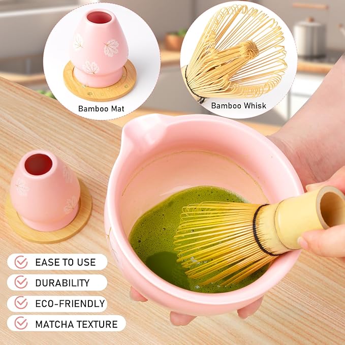 Matcha Set (8 PCS),Pink Matcha Whisk Set Inclded Ceramic Matcha Bowl and Whisk Set,Holder,Holder Mat,Bamboo Scoop,Scoop Rest,Sifter and Tea Towel,Cute Matcha Kit for Macha Lovers and Tea Ceremony