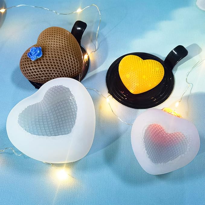 FineInno 2pcs 3D Heart Candle Resin Mold, Grids Love Heart Silicone Molds for Candle Soap Making, Woven Love Epoxy Mould for DIY Bath Bomb Fondant Chocolate Cake Decor