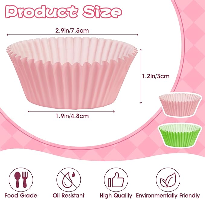 200PCS Pink and Green Cupcake Liners Muffin Baking Cups Wrappers for Pink and Green Birthday Party Supplies Disposable Pastel Cupcake Papers for Witch and Princess Theme Birthday Party Decoration