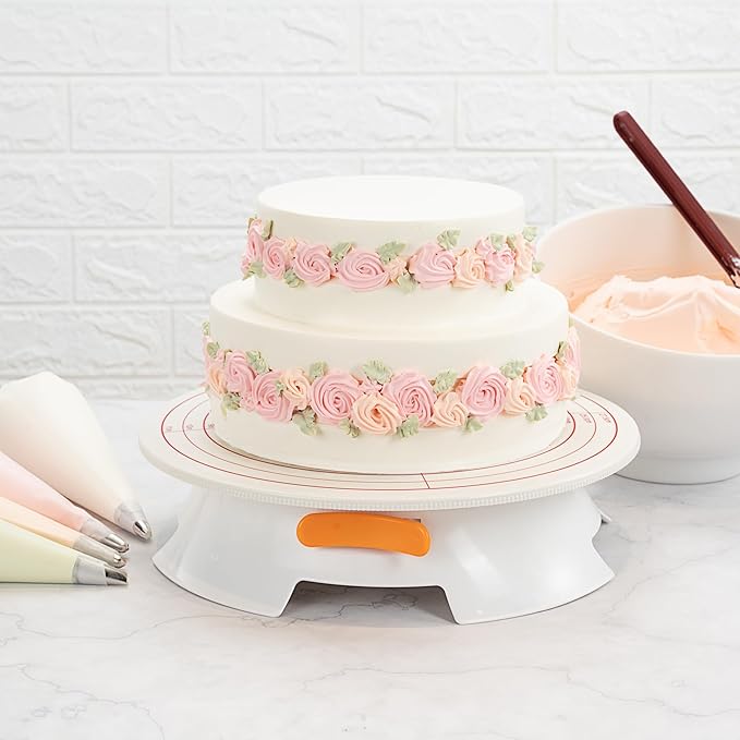 Restaurantware Pastry Tek 12 Inch Cake Turntable 1 Sturdy Rotating Cake Stand - Non-Slip Base With Locking Switch White Plastic Spinning Cake Stand For Decorating Cakes Cupcakes or Pastries
