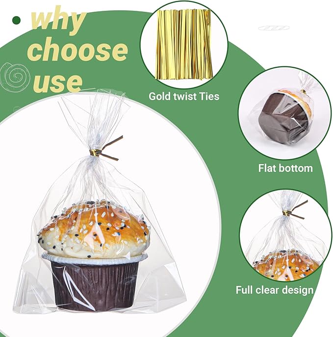 100 Pack 5"×2"x6.5" Cellophane Muffin Bags with Gold Twist Ties Pro Grade Flat Bottom Design for Cupcakes, Macarons & Chocolate Treats (Fits Cookies, Strawberries) Reusable Resealable Bakery Packaging