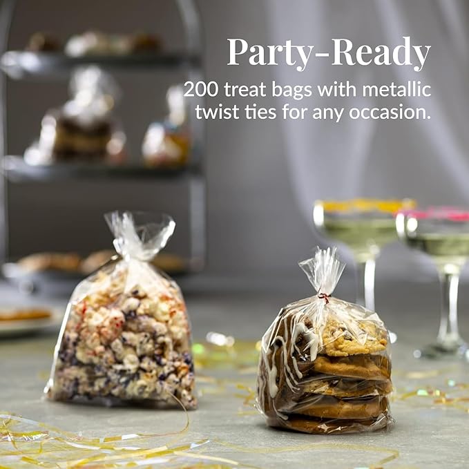 Prestee 200 Pack Clear Plastic Cellophane Bags - 6x8 with 4" Twist Ties, Candy & Cookie Bags, Treat & Gift Bags (Pack of 200)