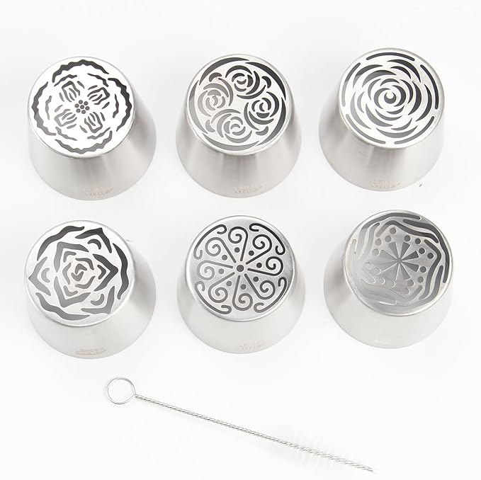Extra Large Russian Piping Tip Set - 6 Stainless Steel Marshmallow Buttercream Framing Nozzles for 3D Roses Tulip Cake Decorations and Marshmallow Bouquets, Includes 1 Cleaning Brush(6G)