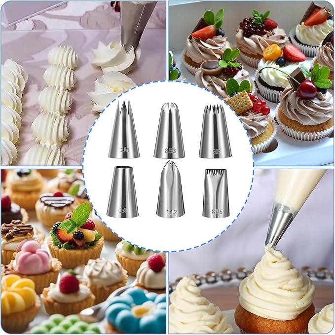 6PCS Large Piping Tips Set, Silver Stainless Steel Cake Decorating Tips, Frosting Icing Nozzles for Cupcakes, Cookies & Wedding Cake (112, 6B, 1A, 853, 895, 1M)