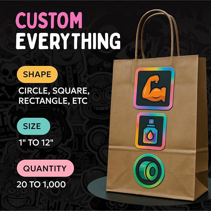 Custom Stickers Bulk | Upload Your Logo | 25-1000 | Sizes 2 inch to 12 inches | Waterproof Sticker Personalized | Decals for Water Bottle Laptop Car Truck Kids Students or Business Logo
