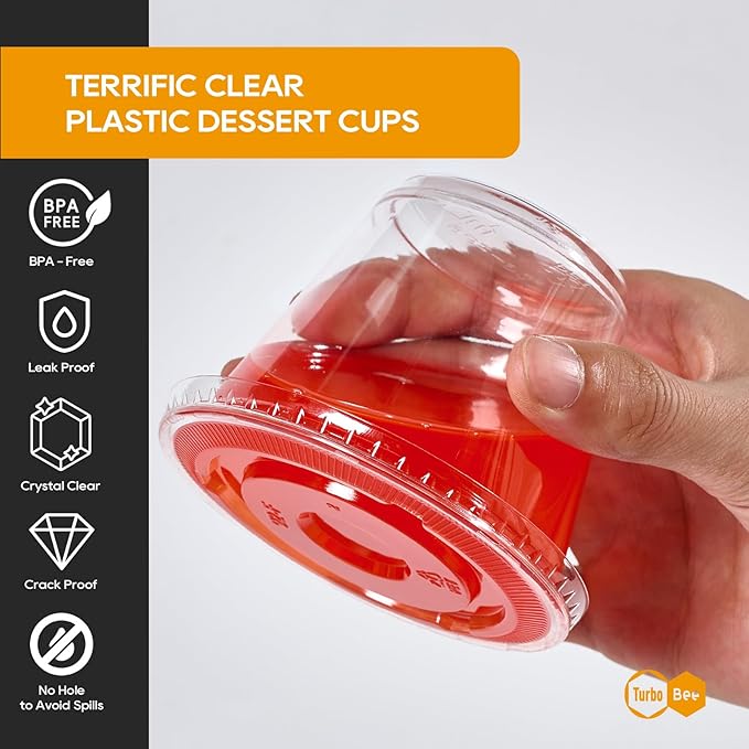 Turbo Bee 200 Pack 9 OZ Clear Plastic Cups with Flat Lids, Disposable Dessert Cups with Lids for Fruit, Snack Smoothie, Pudding and Ice Cream (No Hole)