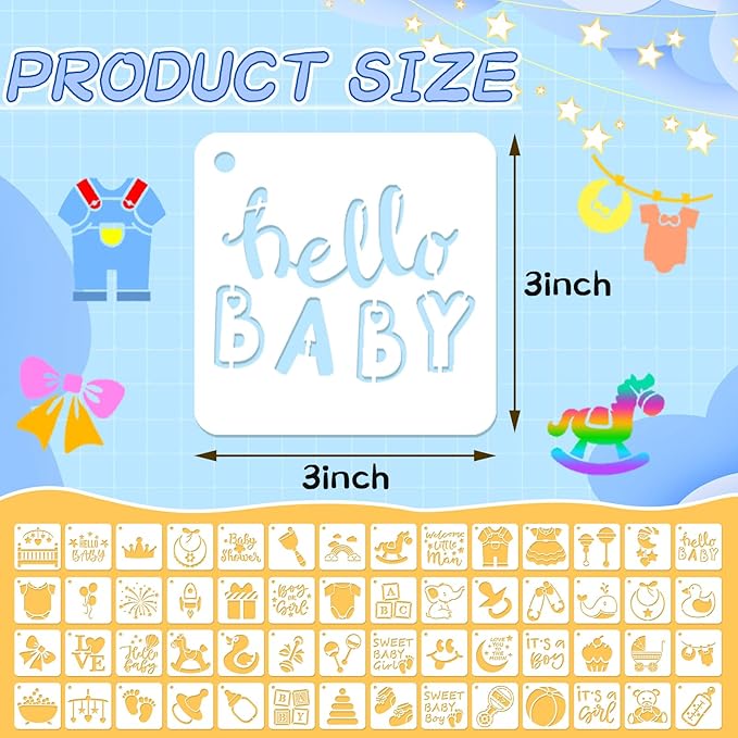 Augshy 56 Pieces Baby Shower Stencils for Painting, 3 Inch Cute Onesie Stencil Mixed Animals Pattern Painting Stencils, Reusable Baby Shower Cake for Bodysuit Shoes Bibs Clothes