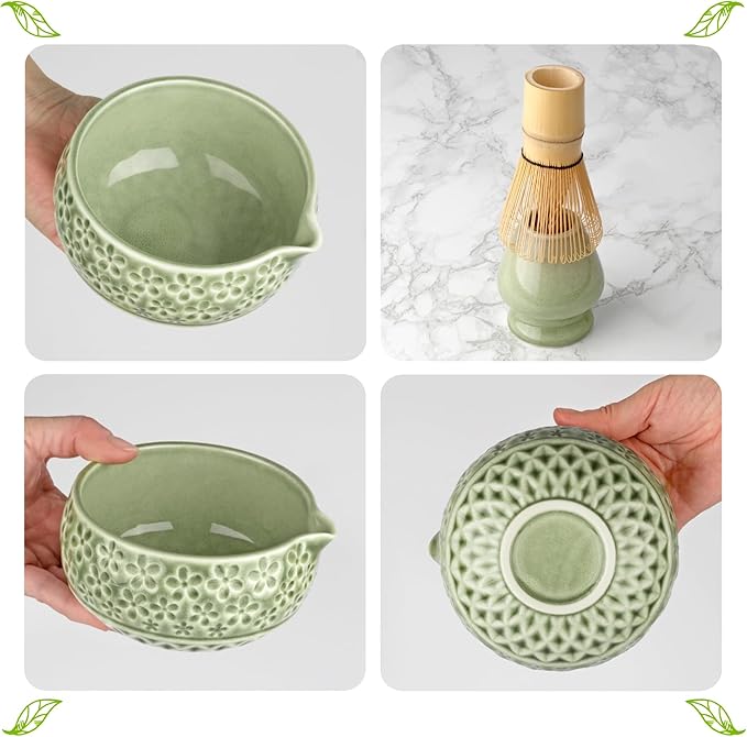 Matcha Whisk Set- Matcha Set includes Matcha Whisk and Bowl, Sifter, Holder and Scoop- The Perfect Bamboo Whisk for Matcha Tea (Molted Green)