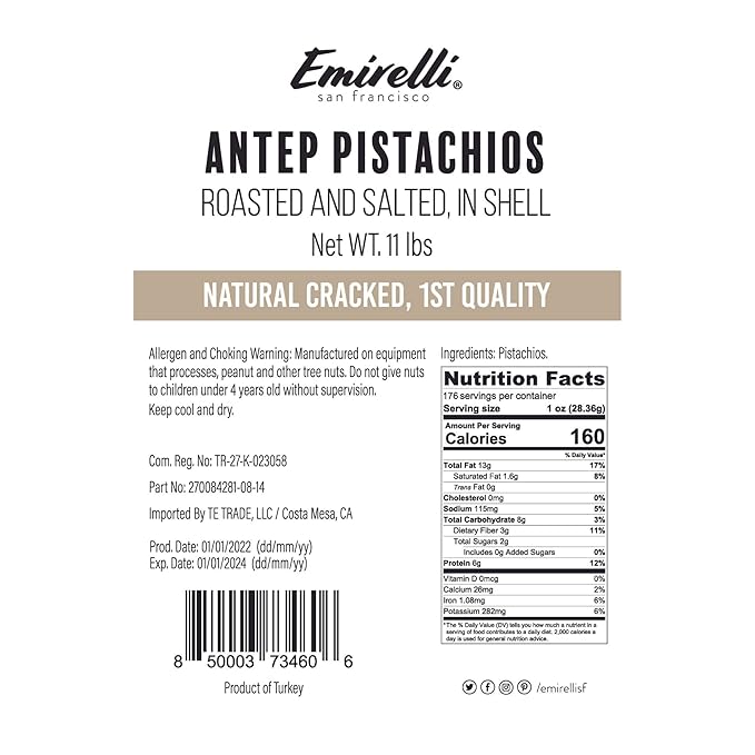 Emirelli Turkish Antep Pistachios in Shell, Roasted and Salted Intense Nuts, Non GMO Gluten Free Natural Vegan Healthy Snacks, Remains Fresh with Resealable Bag (11 lbs)