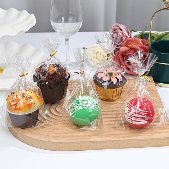 200 Pack 5"×2"x6.5" Cellophane Muffin Bags with Gold Twist Ties & Flat Bottom Food Safe Bakery Packaging for Cupcakes, Brownies, Cookies, Macarons Perfect for Party Favors & Catering