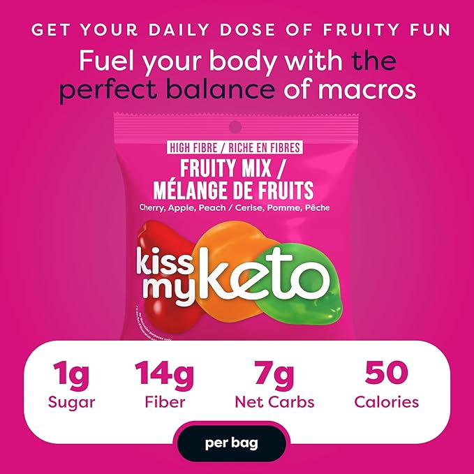 Kiss My Keto Sugar Free Gummies, Fruity Mix 32-Pack – Satisfy Cravings while Staying in Ketosis – High Fiber, 7g Net Carbs, Non-GMO, Vegan, & Gluten-Free – Low-Calorie Vegan Candy