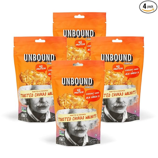 Unbound Snacks Flavored Nuts - Toasted Churro Walnuts, 4 oz (Pack of 4) - Healthy Snacks, 4g Protein, 3g Sugar, High in Omega 3, Gluten Free, Vegan - Freshly Roasted & Seasoned Gourmet Walnut Halves