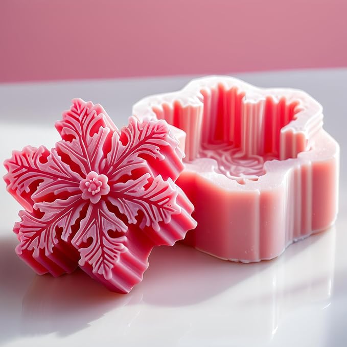 Snowflake Silicone Molds Christmas Snowflake Soap Molds Snowflakes Candle Mold 3D Christmas Silicone Chocolate Mold for Making Soaps Candles Bath Bomb Cookie Cake Candy Chocolate Muffins Ice(4 Pink)