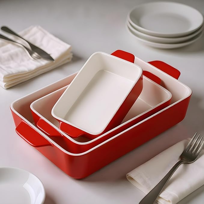 Kook Ceramic Bakeware Set, Rectangular Baking Dishes, For Casseroles, Lasagna, Cake, Small, Medium & Large Pans, Microwave & Dishwasher Safe, Set of 3, Cherry