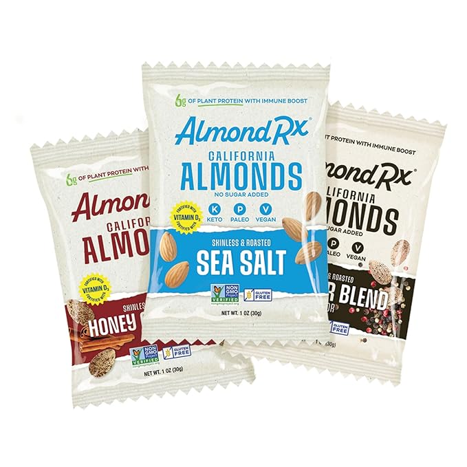 AlmondRx | Heart Healthy Skinless Lightly Salted California Almond Snack Packs | Fortified with Vitamin D | Plant Protein | Keto | Vegan | No Sugar Added (48 Pack, Variety Pack)