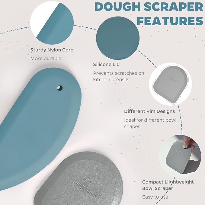 Bowl Scraper Dough Scraper Tool - Set of 2 Silicone Bench Scraper for Baking, Kitchen Pastry Scraper for Bread, Cake, Batter, cheese, Cream, Honey, Jam, Food Scraper with Curved Edge, Blue & Grey