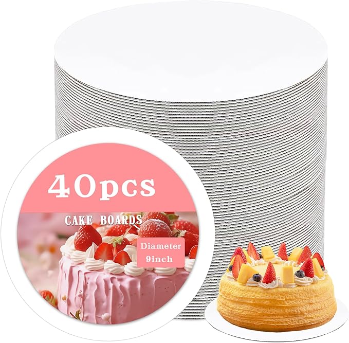 JCD 40 Pcs 9inch White Cake Boards,Cake Boards 9 inches Round,Food-graded Corrugated Cardboard Cake Rounds Ideal for Baking, Cake DIY, Dessert and Crafting(white, 9inch/40Pcs)