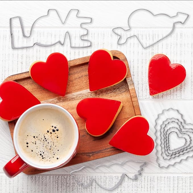 17Pcs Valentine's Day Cookie Cutters, Food-Grade Stainless Steel Valentines Biscuit Cutters with Heart, Wing Heart, LOVE, Flower, Easy to Demold & Cut for Cookies Cake Fruit