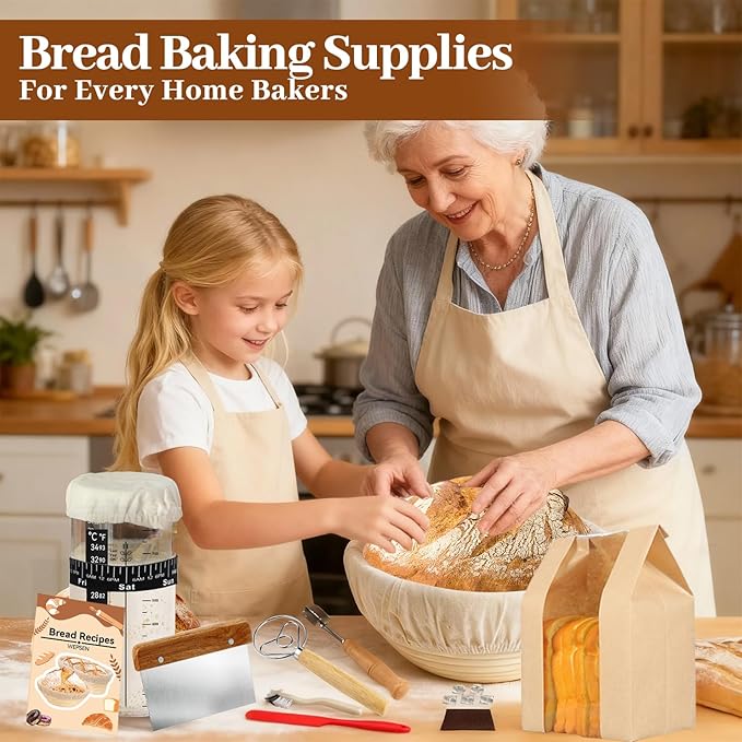 Sourdough Starter Kit, Banneton Bread Proofing Basket with Glass Sourdough Starter Jar, Sourdough Bread Baking Supplies, 9'' Round Bread Proofing Basket, for Bread Making Baking Fermentation