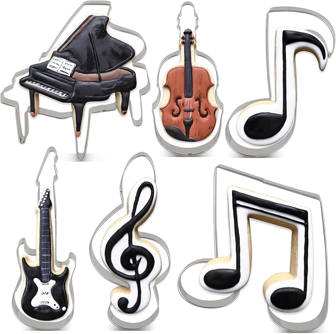LILIAO Music Cookie Cutter Set - 6 Piece - Violin, Piano, Electric Guitar, Music Note, G Clef and Eighth Note Biscuit Fondant Cutters - Stainless Steel