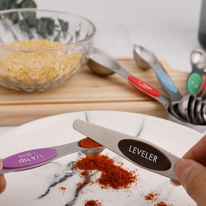 Magnetic Measuring Spoons Set of 9 Stainless Steel Stackable Dual Sided Teaspoon Tablespoon for Measuring Dry and Liquid Ingredients Fits in Spice Jars