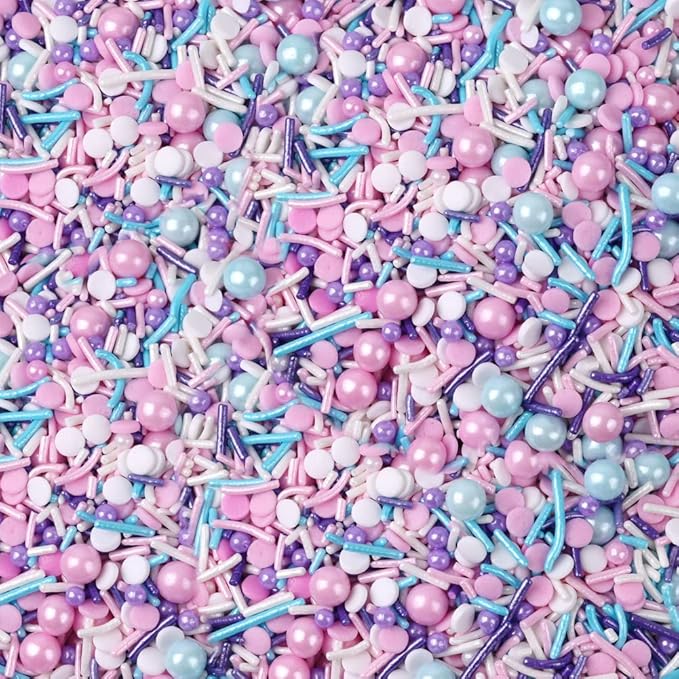 LEBERY 8.4 Oz Pastel Sprinkles, White Pink Purple Blue Sprinkles, Edible Cake Cupcake Sprinkle Edible Cake Pearls for Cake Decorating Mermaid Sprinkle Jimmies Mix for Baking Cookie Decoration